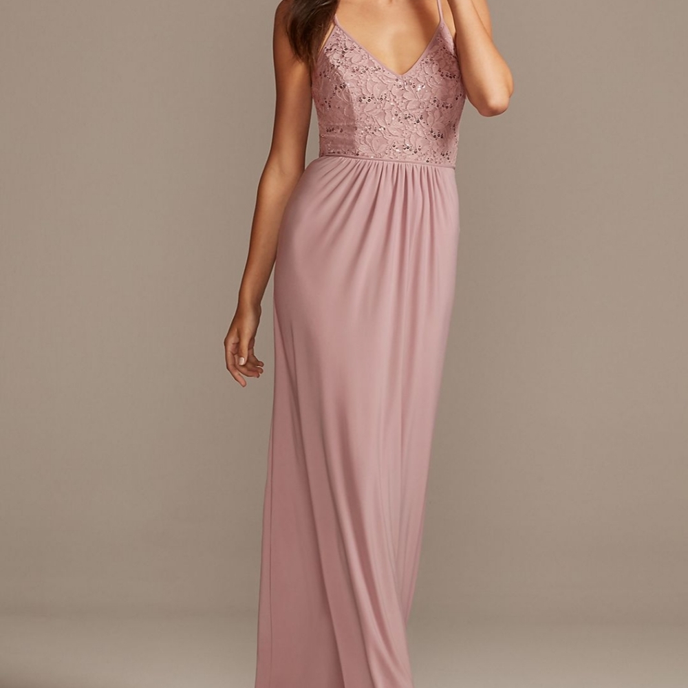 Spaghetti Strap Sequin Lace Jersey Sheath Dress Dusty Rose SZ 8